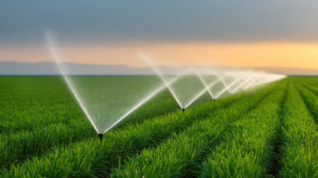 Beautiful irrigation system waters lush green fields as the sun sets, creating a tranquil farm scene. Experience the harmony of nature and technology in agriculture.の素材