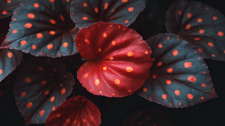 A stunning close-up of begonia leaves features bright red and green colors with unique patterns, capturing intricate details of nature's design. Perfect for nature enthusiasts.の素材