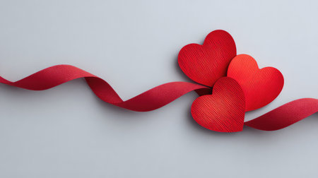 This image showcases red heart shapes and a flowing ribbon, ideal for representing love and affection during special events, holidays, or creative projects.の素材