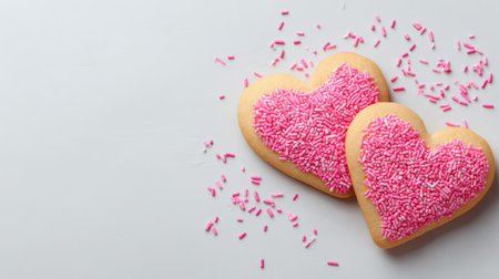 Two heart-shaped cookies adorned with vibrant pink sprinkles, perfect for romantic occasions or celebrations, set against a minimalist background for a charming display.の素材