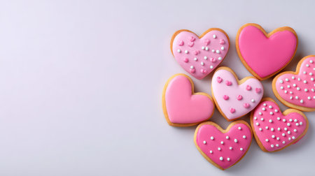 A delightful arrangement of heart-shaped cookies decorated with pink icing and sprinkles, perfect for celebrating love and joy on special occasions like Valentine's Day.の素材