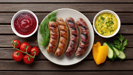 Enjoy a vibrant plate of grilled sausages accompanied by fresh vegetables and flavorful dips, ideal for outdoor gatherings and summer dining experiences.の素材