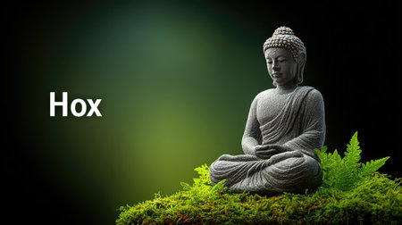 A tranquil Buddha statue sits gracefully on a bed of lush moss, surrounded by vibrant greenery. This serene composition captures the essence of meditation and inner peace.の素材