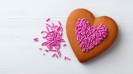 A delightful heart-shaped cookie adorned with vibrant pink sprinkles, perfect for celebrations of love, designed to evoke warmth and sweetness in any setting.の素材