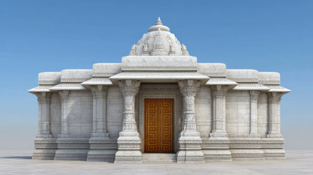 An intricately carved stone temple under a clear blue sky, showcasing elegant pillars and majestic domes, inviting a sense of spirituality and cultural reflection.の素材