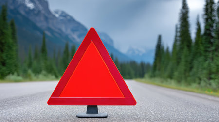 A vivid red warning triangle stands alone on an open road, surrounded by towering trees and mountain backdrops, emphasizing safety and emergency preparedness in beautiful landscapes.の素材