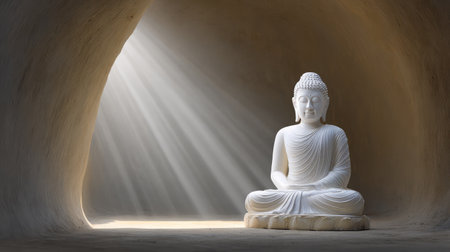 Beautiful white Buddha statue positioned in a peaceful cave illuminated by stunning rays of sunlight, creating a serene ambiance perfect for meditation and spiritual reflection.の素材
