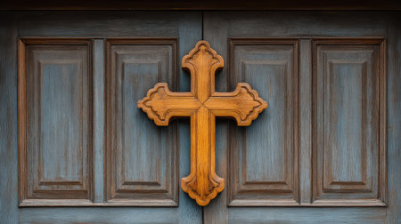 A beautifully crafted wooden cross is prominently displayed on a rustic door, reflecting spirituality and artistic craftsmanship in architectural design.の素材