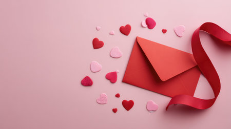 Colorful hearts surround a vibrant red envelope and a satin ribbon on a soft pink surface, creating a charming scene perfect for romantic events and heartfelt correspondence.の素材