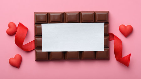 A delightful scene featuring a chocolate bar with a blank label, red hearts, and ribbon on a soft pink background, perfect for romantic occasions and personalized gifts.の素材