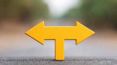 A vibrant yellow directional sign displays arrows for left and right turns. The blurred background features greenery and a road surface, emphasizing navigation and guidance themes.の素材