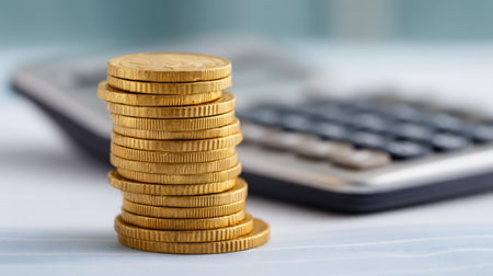 A close-up view of stacked gold coins and a calculator, ideal for representing financial themes such as investment, budgeting, and wealth management in business and personal finance scenarios.の素材