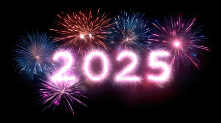 A spectacular fireworks display illuminates the night sky as the year 2025 is joyfully celebrated. Vivid colors and explosions create a festive atmosphere perfect for new beginnings.の素材