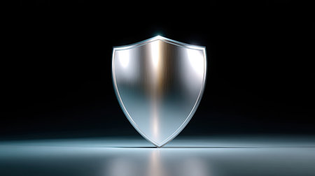 A high-quality metallic shield on a dark background, symbolizing protection and security. Ideal for design, marketing, and concept projects focusing on strength and defense.の素材