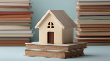 A beautifully crafted wooden house model positioned atop stacked books, evoking a sense of learning and comfort, ideal for themes of home ownership and education in design.の素材