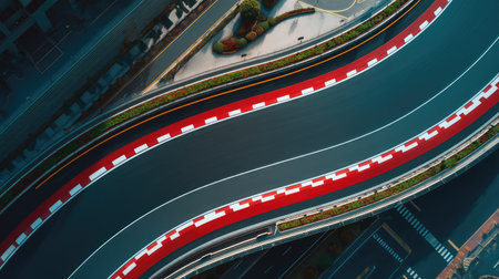 Captivating aerial shot of a winding race track featuring striking curves and bold road markings, perfect for projects centered around speed and urban sports.の素材