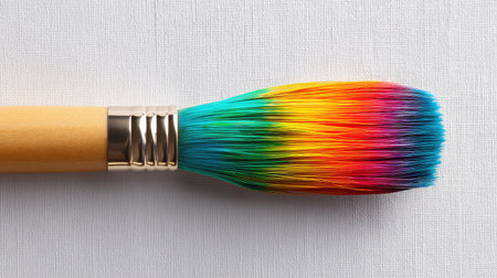 A close-up view of a vibrant paint brush showcasing a gradient of colors, perfect for artistic work and creative expression. Ideal for artists and crafters alike.の素材