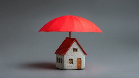 A creative representation of a house covered by a red umbrella, illustrating concepts of home insurance, safety, and financial security in the real estate market.の素材