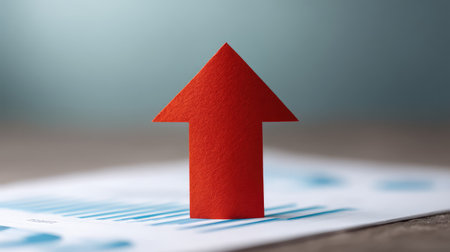 A vivid red paper arrow stands upright on a chart, representing growth and success in finance and business, ideal for motivational and corporate themes.の素材