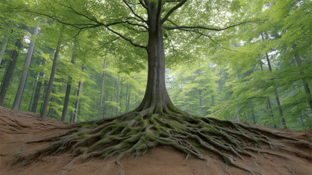 A stunning view of a tree with thick, exposed roots surrounded by vibrant green foliage, capturing the essence of tranquility and the beauty of nature in a serene forest.の素材
