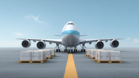 A large cargo aircraft sits on an airport runway, prepared for loading. Stacked pallets of freight are positioned beside it, symbolizing logistics and transportation efficiency.の素材