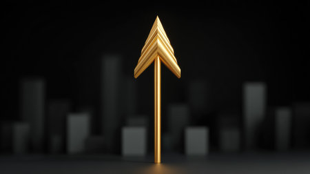 A striking golden arrow stands tall, symbolizing growth and achievement amidst an abstract dark background, perfect for business and success themes.の素材