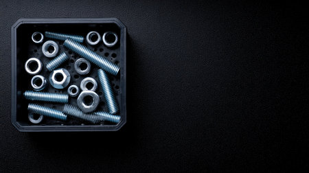 This image showcases a variety of metal fasteners, including screws and nuts, neatly arranged in a black storage box against a contrasting dark background, emphasizing the details of each piece.の素材