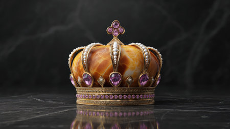 Captivating golden crown adorned with colorful gemstones, set against a dark marble backdrop, embodying elegance and royalty, perfect for artistic concepts and projects.の素材