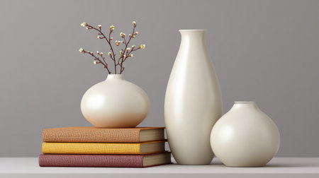 A tranquil arrangement featuring cream vases with delicate stems placed atop stacked books, creating a harmonious and elegant aesthetic perfect for home decor.の素材