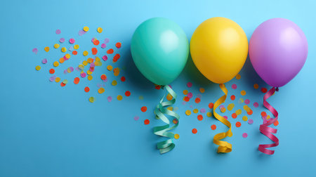This vibrant image features colorful balloons and scattered confetti on a bright blue background, perfect for conveying a festive ambiance for celebrations and parties.の素材