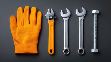 A flat lay of essential hand tools including an adjustable wrench and a work glove, perfect for maintenance and repair tasks in any workshop or DIY project.の素材