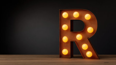 A stunning wooden marquee letter R with glowing bulbs against a dark backdrop, ideal for home decoration, creative projects, and festive events, offering a warm and inviting atmosphere.の素材