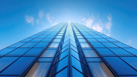 A stunning view of a modern skyscraper captures the essence of urban architecture, with a bright sky and reflective glass panels creating a striking visual impression.の素材