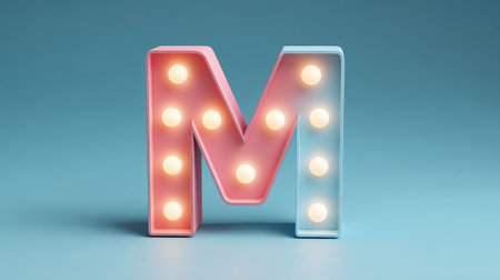 A vibrant neon letter M in pink and blue, adorned with glowing bulbs against a soft blue background, ideal for creating a lively and inviting atmosphere in any setting.の素材