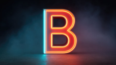 A captivating neon letter B shines brightly against a dark and foggy background, perfect for modern design projects that need a bold and vibrant element.の素材