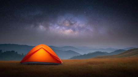 Enjoy a breathtaking view of a vibrant orange tent nestled in a tranquil mountain landscape, illuminated by a dazzling night sky filled with stars and the Milky Way.の素材