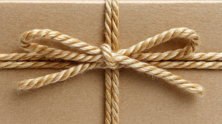 This image showcases a close-up view of a beautifully wrapped brown gift box, neatly tied with natural twine, ideal for capturing the essence of thoughtful gift-giving and minimalist charm.の素材