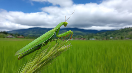 A stunning green praying mantis perched on a blade of grass, set against the expansive rice fields and a dramatic cloudy sky, showcasing nature's beauty and tranquility.の素材