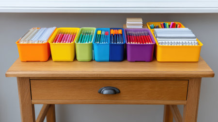 A vibrant display of organized storage bins lined on a wooden desk, showcasing various writing instruments and supplies, ideal for crafting and educational environments.の素材