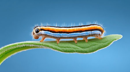 A stunning macro shot of a colorful caterpillar resting on a leaf, highlighting its vivid stripes and intricate textures against a soft blue background. Perfect for nature enthusiasts.の素材