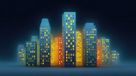 Explore a captivating digital art depiction of a nighttime cityscape featuring glowing buildings and a mysterious atmosphere, perfect for imaginative projects.の素材