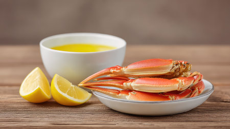 A delightful arrangement of freshly cooked crab, accompanied by lemon slices and a bowl of olive oil, ideal for enhancing seafood presentations and culinary creations.の素材