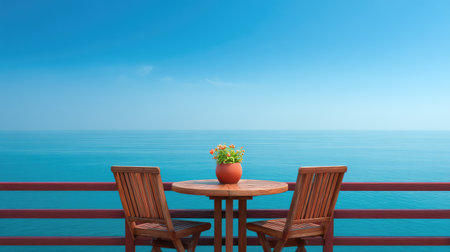 A serene wooden deck features a table and chairs with a flower pot, offering a stunning view of the calm ocean and clear blue sky, ideal for peaceful moments of relaxation.の素材