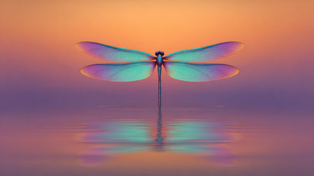 A stunning dragonfly hovers gracefully above calm waters at dusk, reflecting vibrant colors and creating a serene atmosphere in this captivating nature scene.の素材