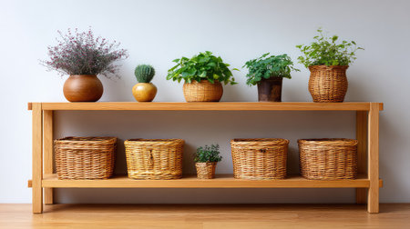 A beautiful wooden shelf showcases a variety of plants and woven baskets, adding a touch of nature to modern interiors and enhancing home aesthetics, perfect for creative decor ideas.の素材