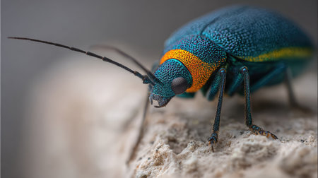 This stunning macro image captures a colorful beetle on a stone, highlighting its vivid patterns and intricate details in natural light, showcasing the beauty of wildlife.の素材