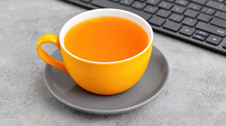 A vibrant yellow cup filled with a warm infusion sits on a gray saucer beside a keyboard, creating an inviting scene for productivity or relaxation moments.の素材