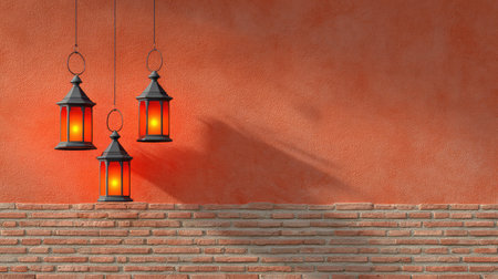 This serene image features three elegant lanterns suspended against a warm orange wall, creating a cozy ambiance with soft lighting and subtle shadows, ideal for interior design inspirations.の素材