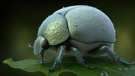 A stunning close-up of a vibrant beetle perched on a leaf, glistening with water droplets, highlights the intricate textures and natural beauty found in wildlife.の素材