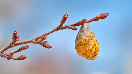 A stunning close-up of a golden chrysalis suspended from a branch, highlighting nature's intricate processes and the beauty of spring's transformation under a soft blue sky.の素材